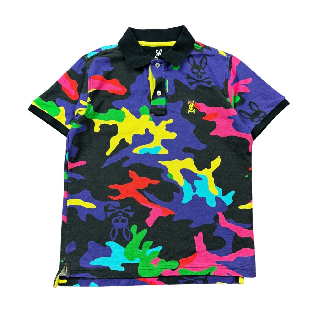 Psycho Bunny Kids Multi Color Camo Polo Shirt Size L 14/16 Black Neon Logo